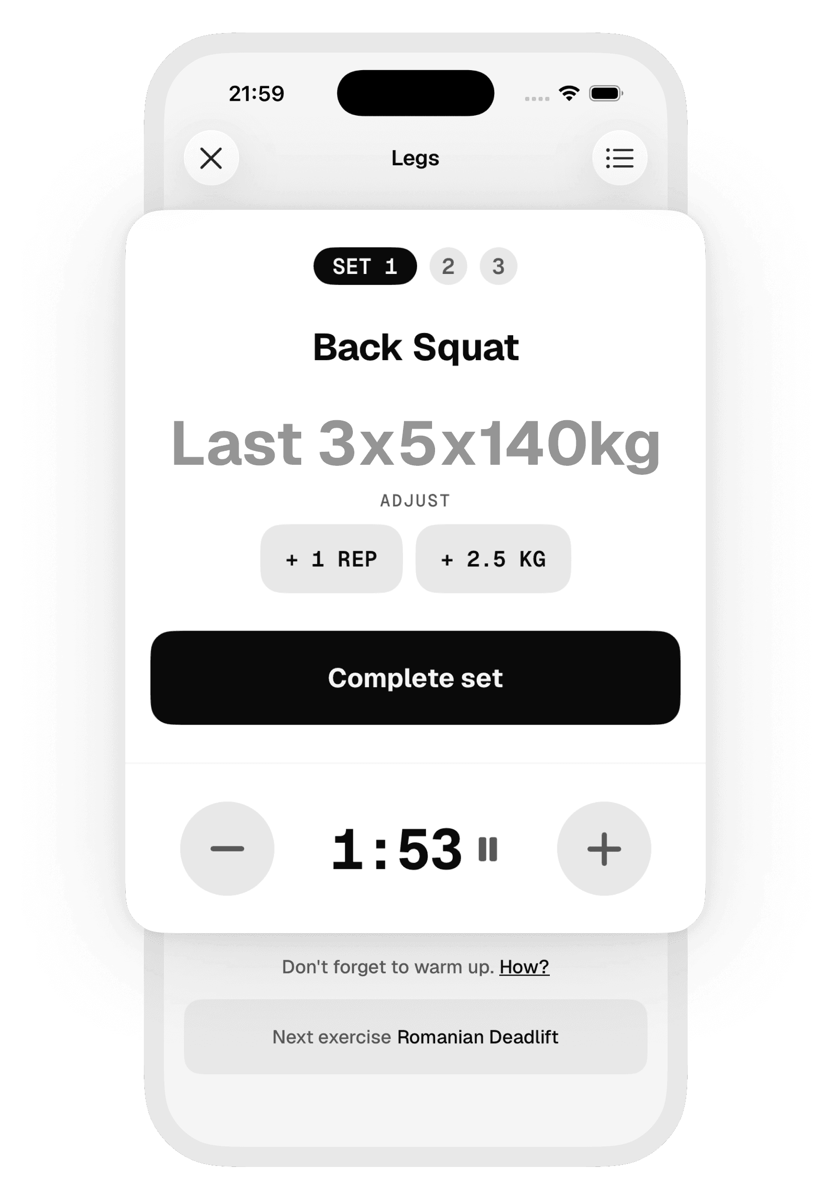 Unit active set showing last time: 3×5×140 kg, ready to confirm