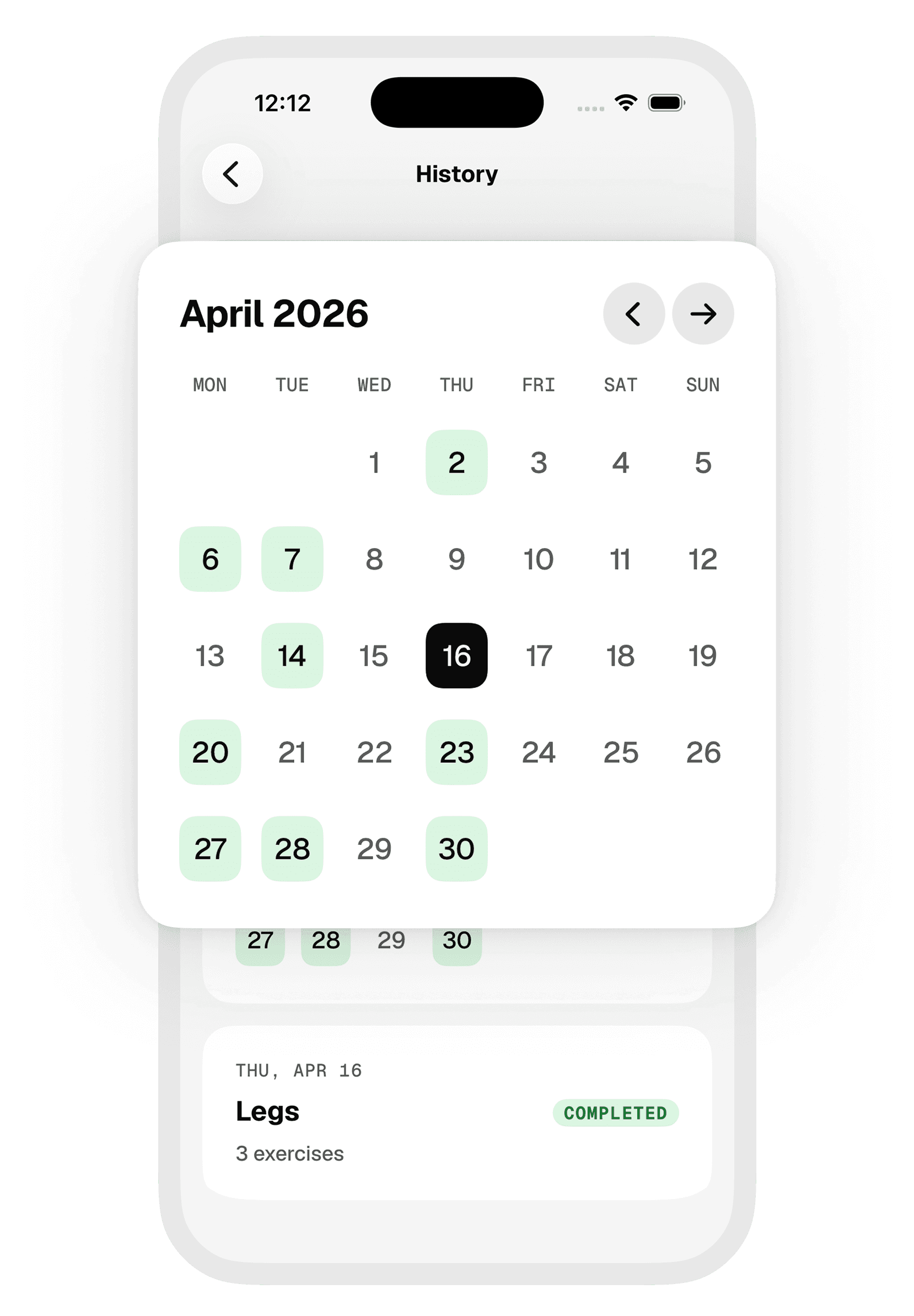 Unit history calendar, April 2026, logged days highlighted